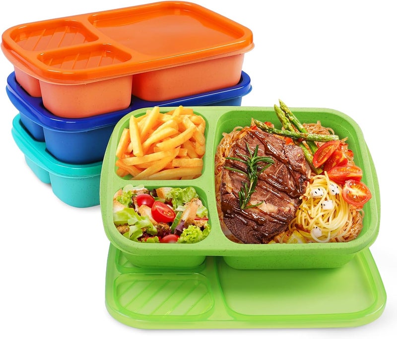 buluker 4 Pack Bento Lunch Box Set 3 Compartment Wheat Straw Meal Prep Food Storage Containers Plastic, Microwave and Dishwasher Safe（Jewel Brights） - Image 1